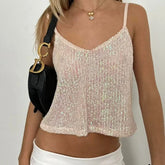 BXOXO Women Sequin Cami Tops Sparkly V Neck Spaghetti Strap Backless Shirts Trendy Summer Clothes for Party Clubwear